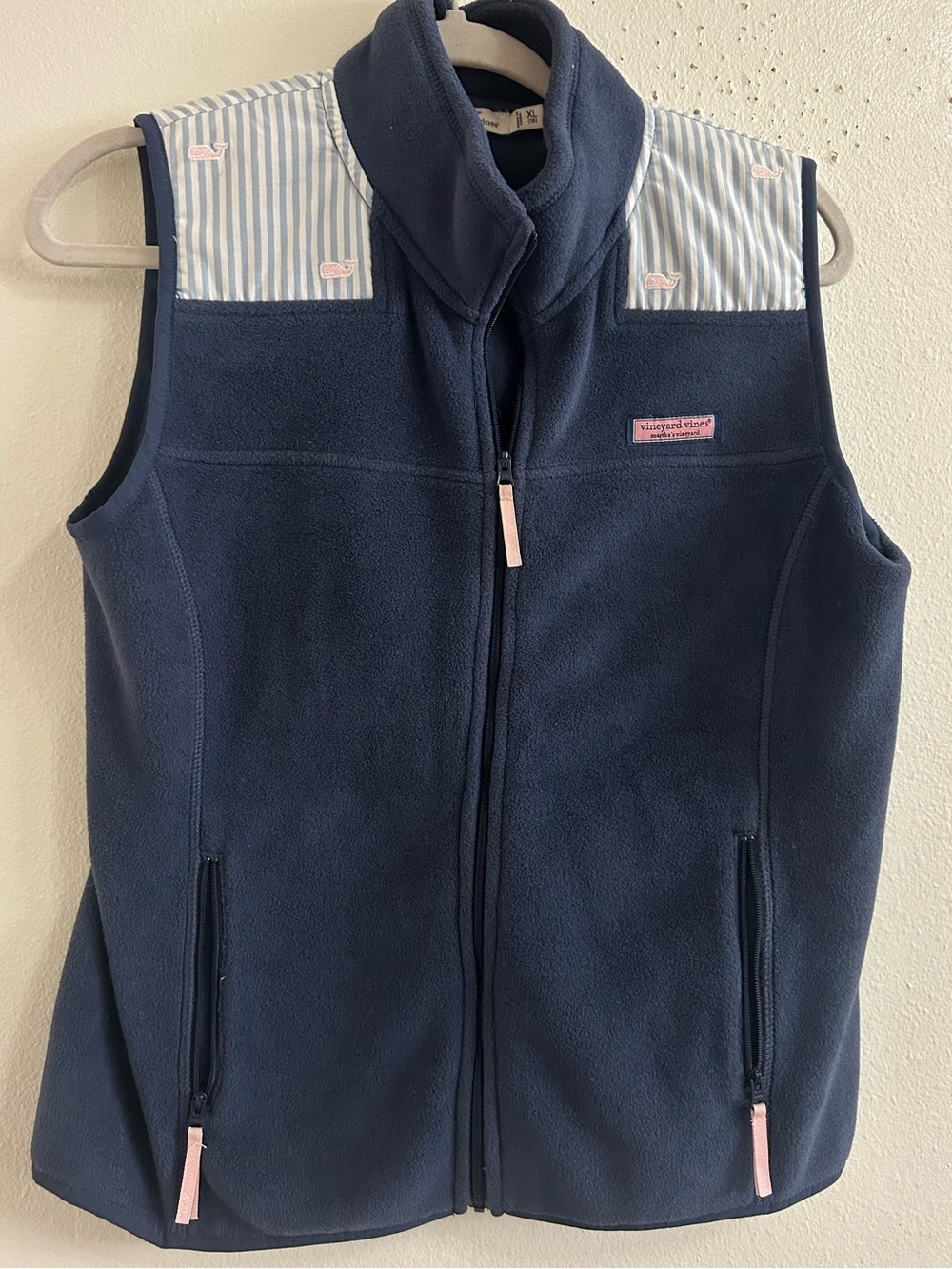 Vineyard Vines navy fleece vest with striped whale print